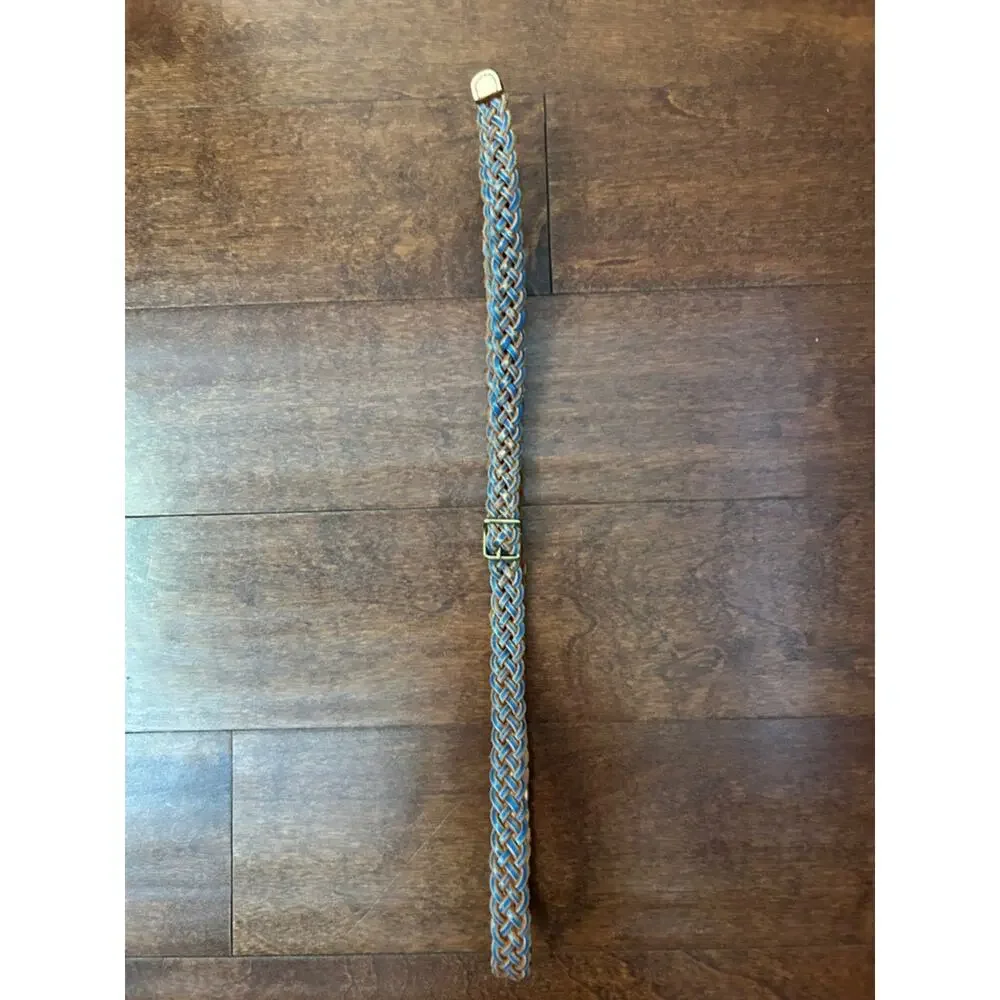 Skinny Braided Brown Leather Belt with Blue Trim, Size M/L